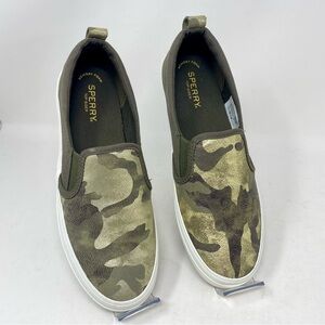 Sperry Camo Pier Wave Olive Green Gold Slip On Canvas Sneaker Sz 9